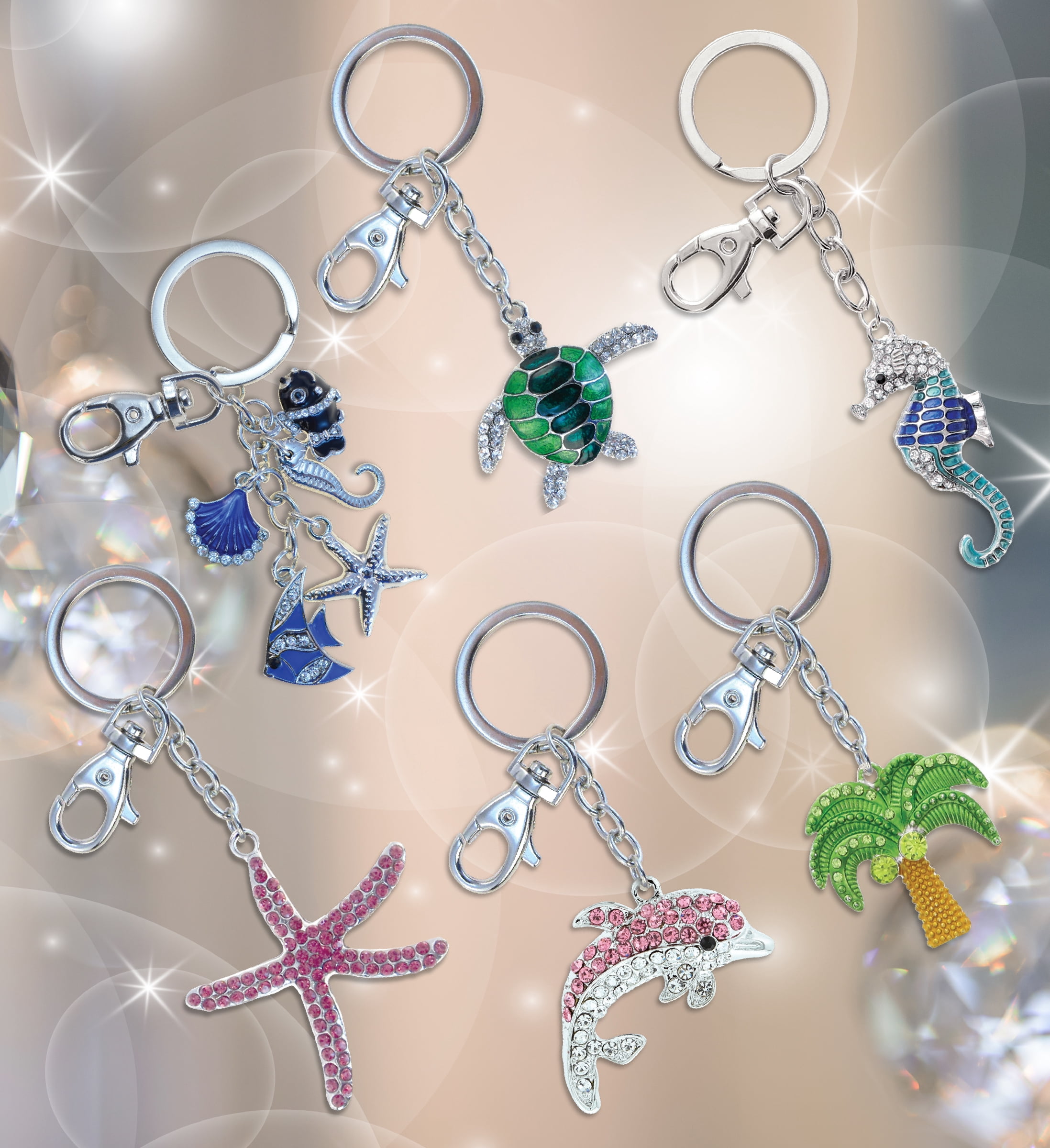 Aqua79 Sparkling Keychain Set of 6 – Seahorse, Sea Turtle, Starfish, Palm Tree, Shells, Dolphin 3D Charm Rhinestones, Metal Alloy Key Ring - Accessory with Clasp for Key Chain, Purse and Backpacks