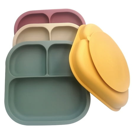 

Wirlsweal Baby Cutlery Bite-resistant 3 Grids Square Food Grade Safe Feed Care Silicone Suction Cup Baby Cutlery Plate Home Accessories