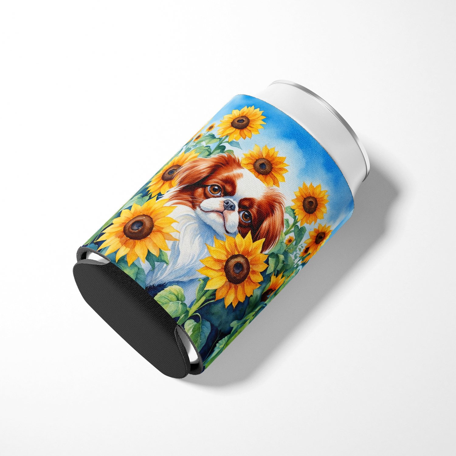 Japanese Chin in Sunflowers Can or Bottle Hugger 3 in x 5 in