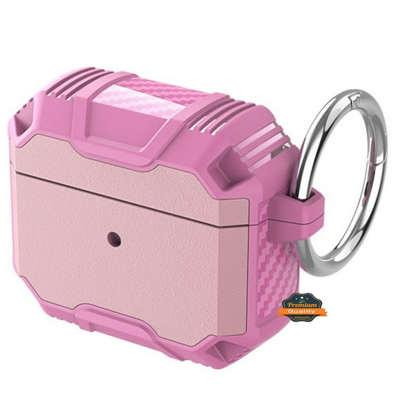 For Apple AirPods 4 Heavy Duty Protective Case with Carabiner Clip Carbon Fiber Shockproof Rugged Cover, Airpods Case fit Airpods 4 - Pink