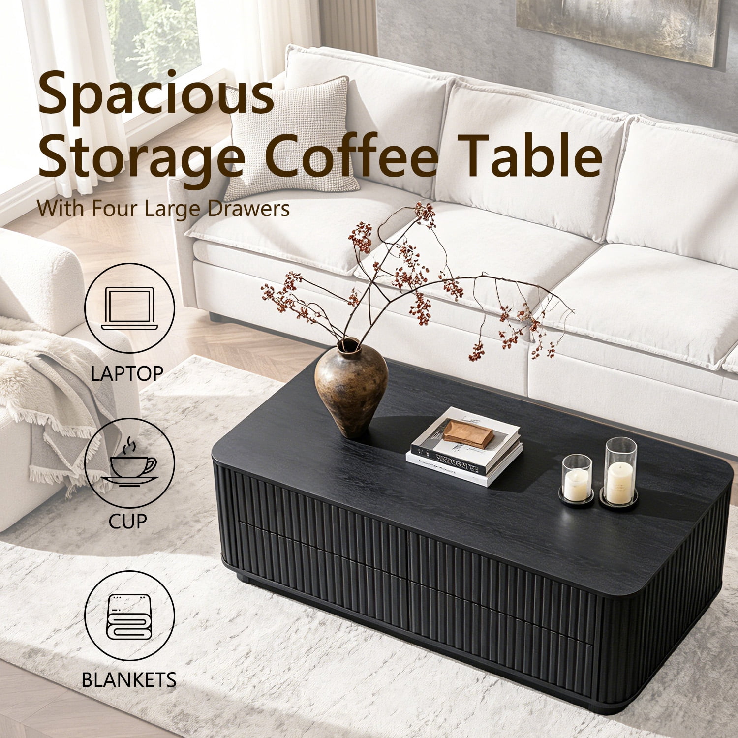 IFMUST 51" Modern Fluted Coffee Table with 4 Hidden Drawers, Curved Edges, for Living Room