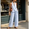 thumbnail image 5 of Cagogo Women Plus Size 2 Piece Halter Neck Sleeveless Tank Top Wide Leg Pants Set Plaid Boho Beach Outfits Loose Summer Vacation Cruise Matching Lounge Suit Tracksuits, Blue L, 5 of 6