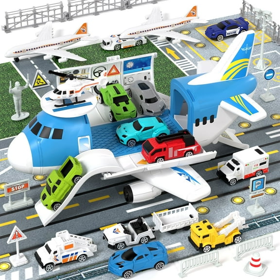Airplane Toys, Toddler Toys for 2  Year Old Boys, Transport Airplane with 6 Race Cars, 6 Carrier Cars, 2 Airplanes, 1 Helicopter, 1 Map, Boy Toys Planes for Kids, Best Gifts for 3 4 5  Years Old Boys