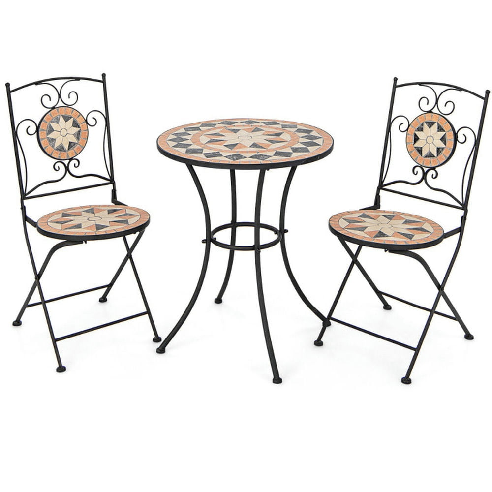 GVN Outdoor Furniture Sets, Outdoor Conversation Set,3 Pieces Patio Bistro Set with 1 Round Mosaic Table and 2 Folding Chairs