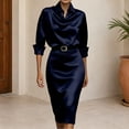 thumbnail image 2 of TaTaai Womens Dresses Long Sleeve Turndown Collar Solid Button Back Split Midi Dress with Belt Silky Smooth Lustrous for Fall, 2 of 7