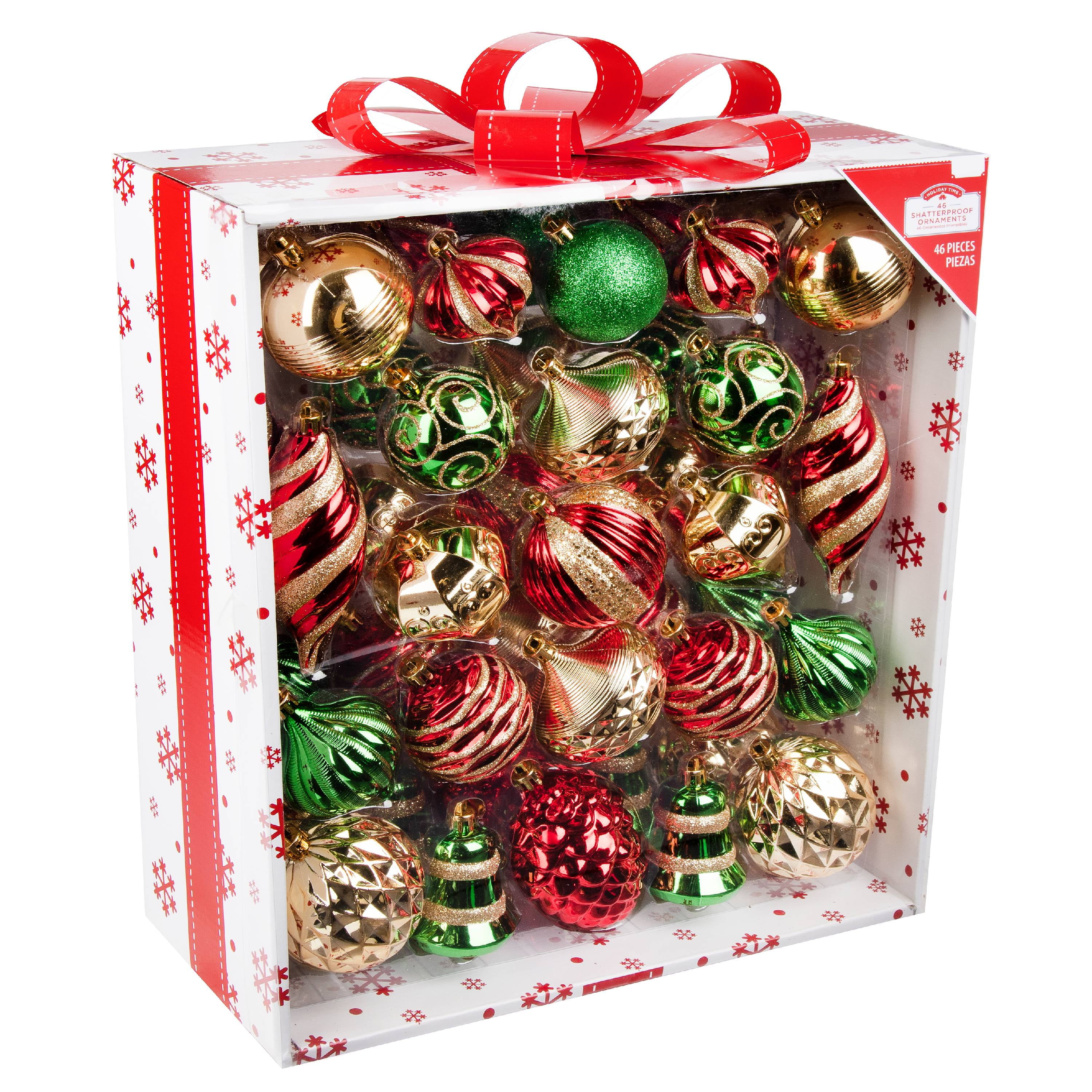 Holiday Time Shatterproof Ornaments, Red, Green, & Gold, 46 Count