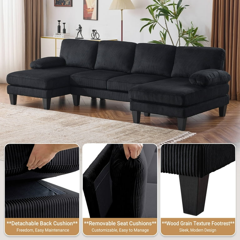 Ktaxon U-Shaped Sectional Sofa, 111 Inch Corduroy Couch, 4 Seats