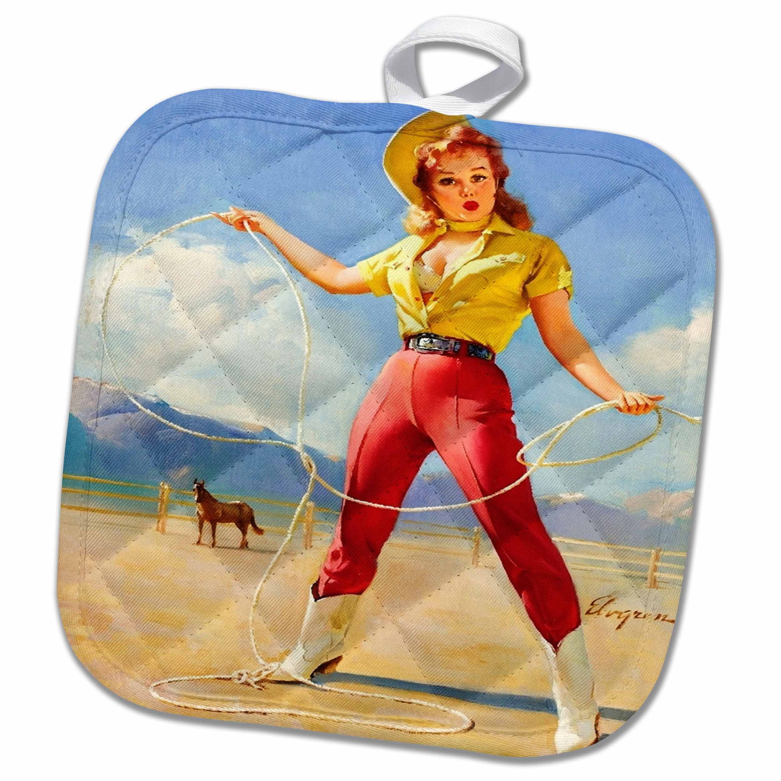 3drose Print Of Elvgren Pinup Roping Cowgirl Pot Holder 8 By 8 Inch Walmart Com Walmart Com