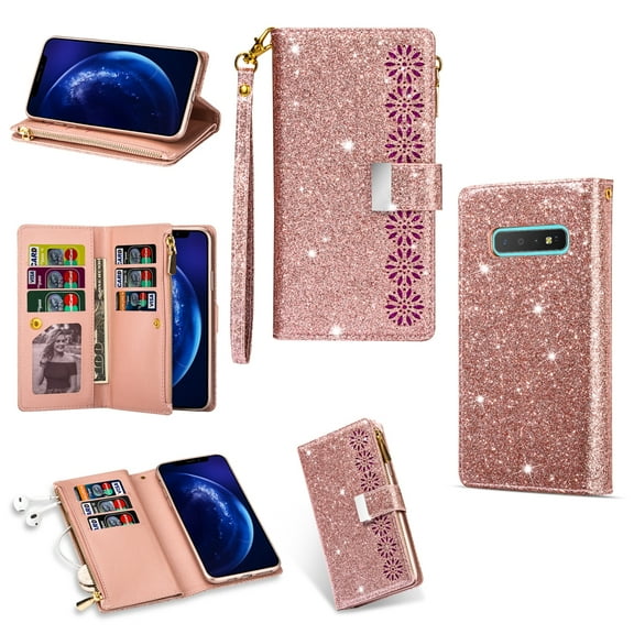 For Samsung Galaxy S10 Multi-card Slots Starry Sky Laser Carving Glitter Zipper Horizontal Flip &