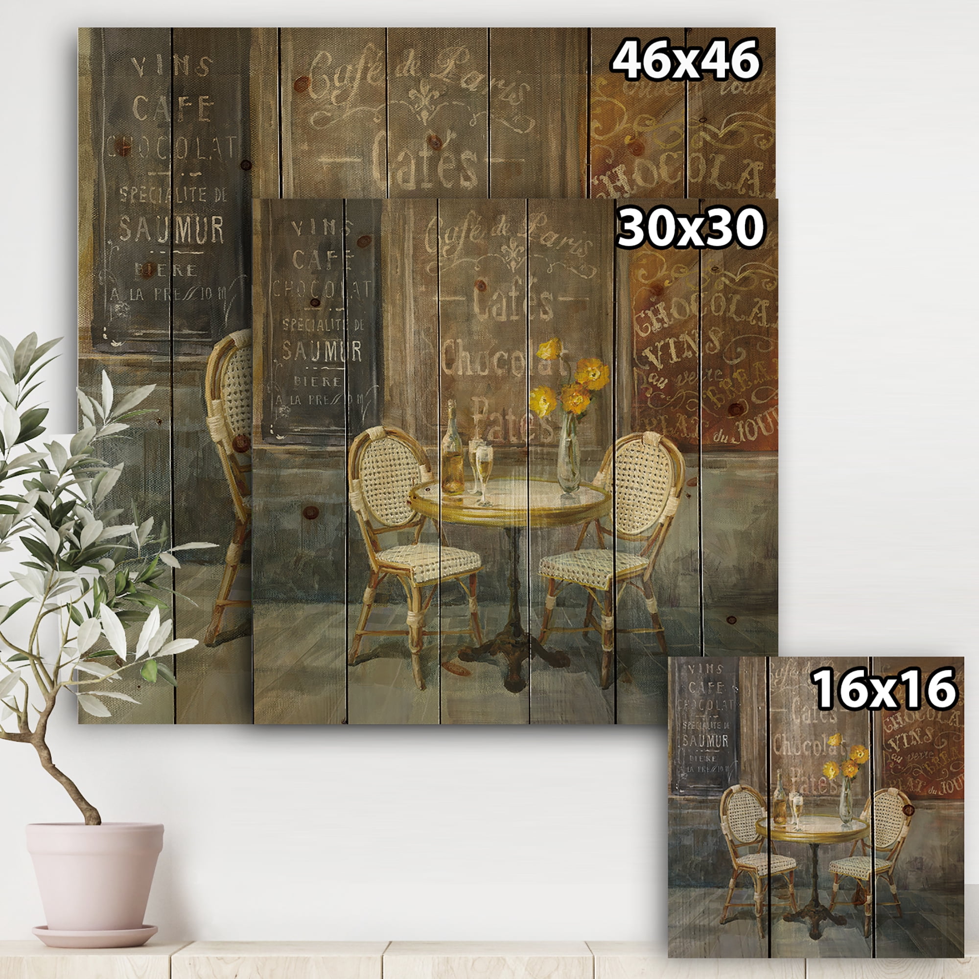 Designart 'French Vintage CafÃ© ' Traditional Print on Natural Pine Wood