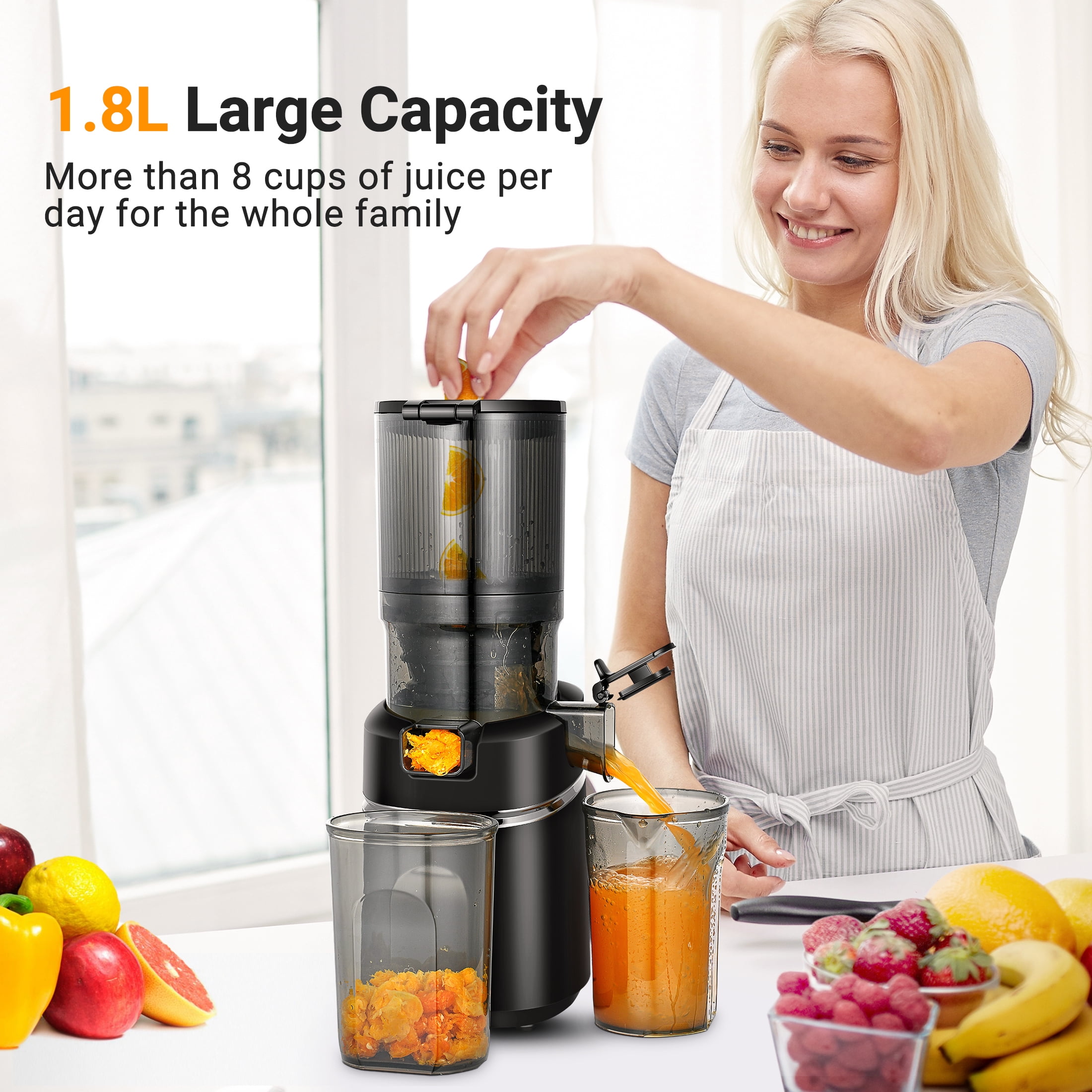Sunmaki 5.11" Juicer Machines, 150W Cold Press Juicer for Fruits and Vegetables, 80 RPM Quiet & Easy to Clean, High Juice Yield,Black