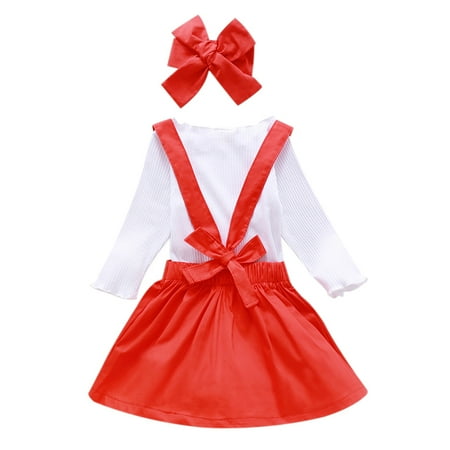 

Journey 3 Pcsborn Baby Girl Toddler Outfits Baby Clothes Set Girl Solid Color Button Strap Skirt and Bowknot Outfits(Red 90)