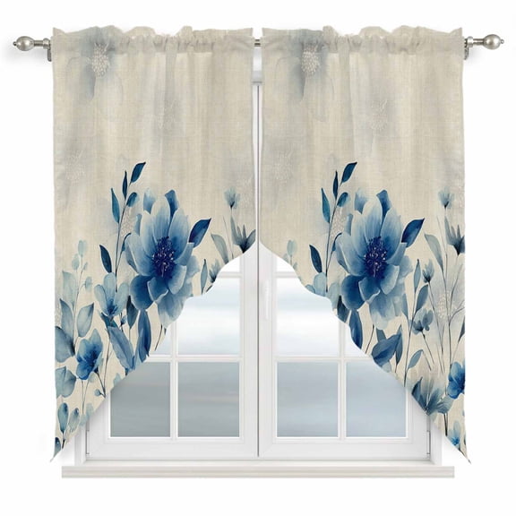 Blue Ombre Floral Kitchen Window Curtains, Swag Curtains Valance for Bedroom Living Room Bathroom, Spring Elegant Flowers Beige Rustic Rod Pocket Window Curtain Block Drapes 2 Panels 36"x45"