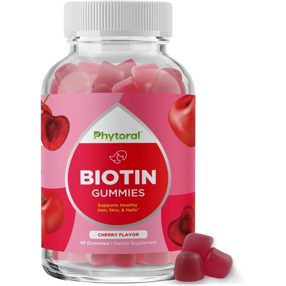 Phytoral 5000mcg Biotin Supplement for Hair, Skin, and Nails, Cherry Flavor, 60 Gummies