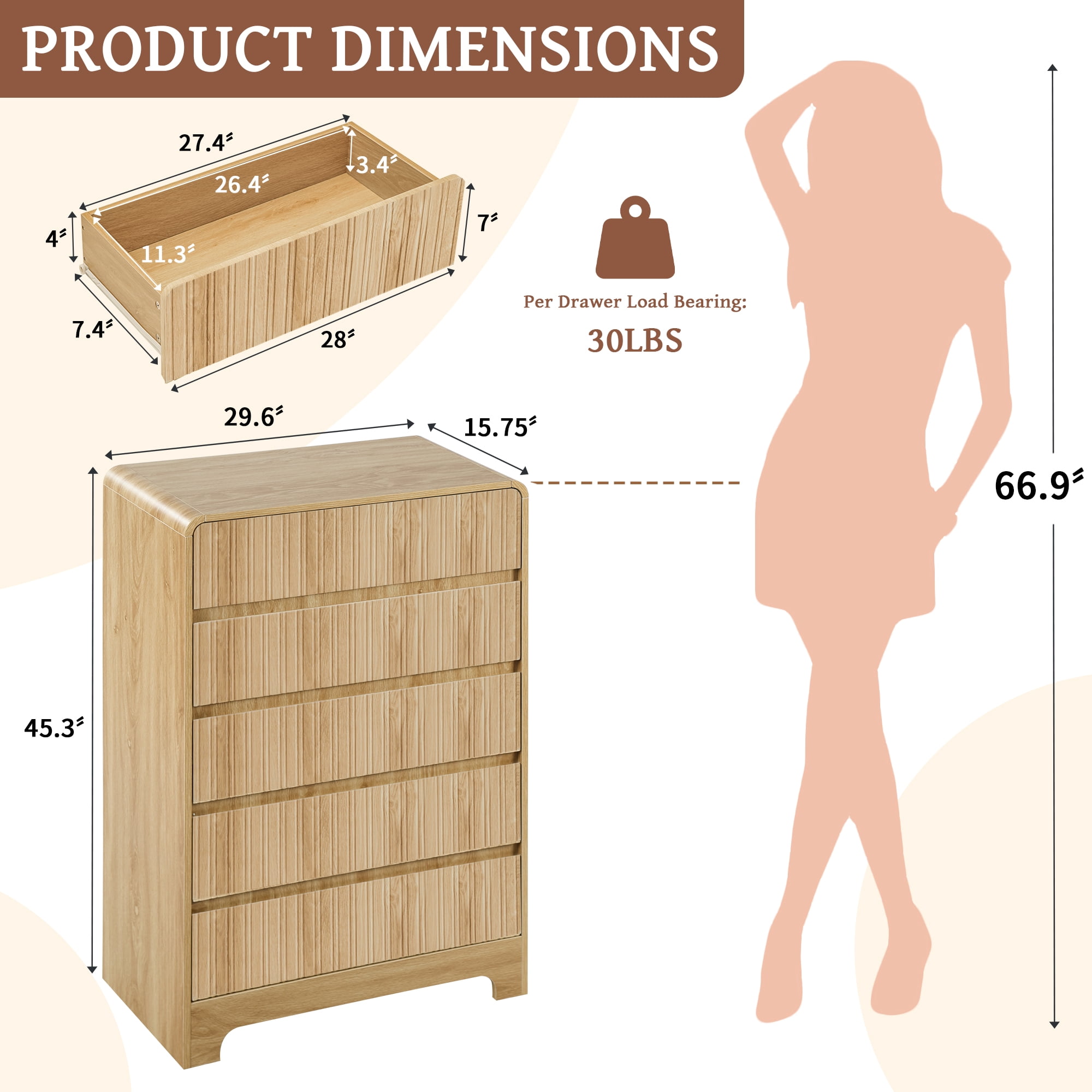 LEFHDA Fluted 5 Drawers Dresser for Bedroom, Mid Century Modern Storage Dressers, 45.3" Tall Wood Fluted Dressers Organizer for Bedroom, Living Room, Oak Set of 2