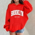 thumbnail image 2 of Telankuip Hoodies for Teen Girls Cute Brooklyn Graphic Letter Printed Hooded Sweatshirts 2025 Fall Winter Long Sleeve Relaxed Fit Leisure Sports Pullover Tops with Pocket Red 3-4 Years, 2 of 4