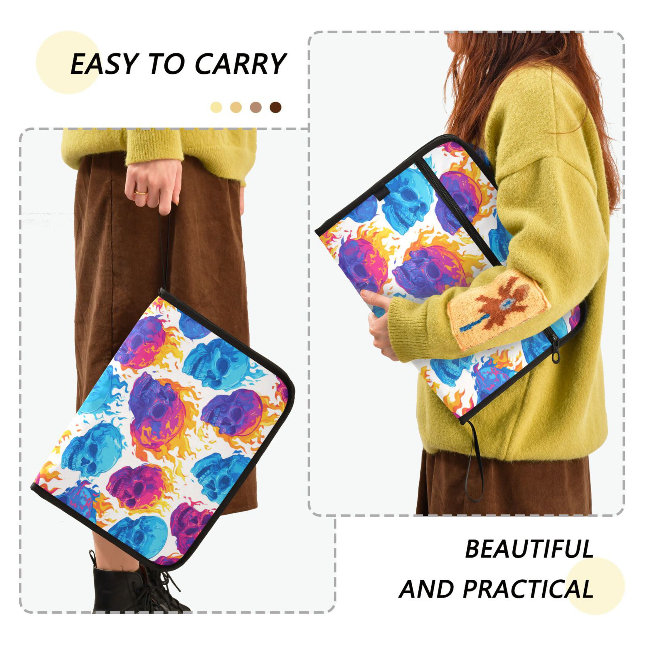 13 Individual Pockets Organ Folder Waterproof A4 Size File Folder Home Work Office Categorized Storage File Manager Colorful Skulls with Flames