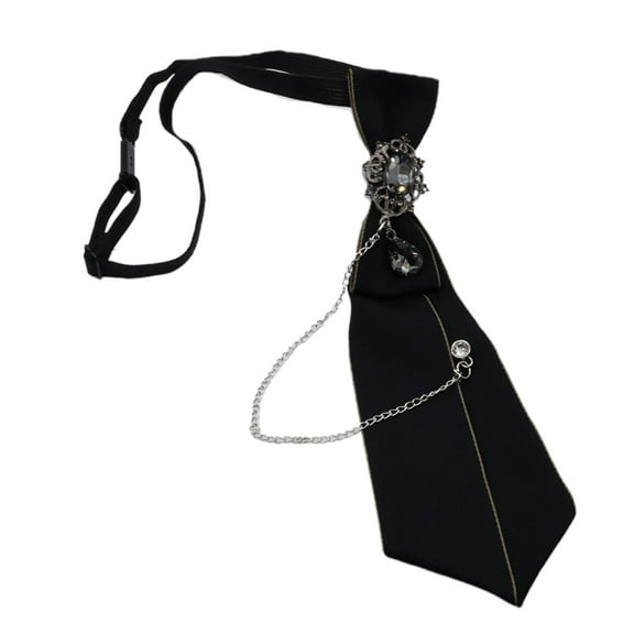 Gothic Black Necktie Rhinestone Pendant Metal Chain Evening Party Pretied Bowtie