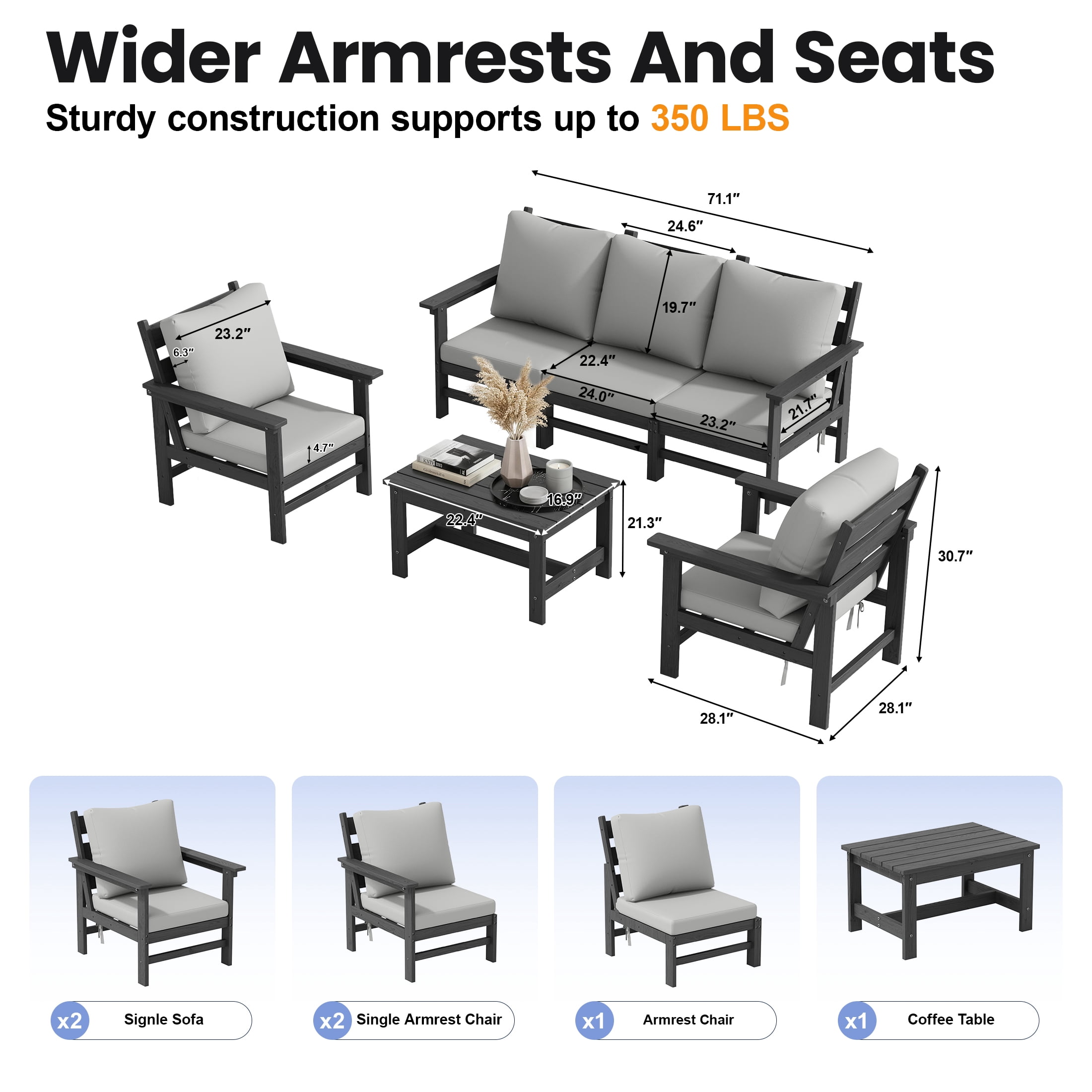 UDPATIO HDPE Patio Conversation Set, 6-Piece Sectional Outdoor Furniture Set, All-Weather Outdoor Couch Set for Deck, Lawn, Grey Frame with Grey Cushion