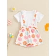 thumbnail image 6 of Aojekbee Toddler Girl Summer Outfit Solid Color Ribbed Short Sleeve Tops and Flower Print Suspender Shorts Overalls 2Pcs Clothes Set, 6 of 10