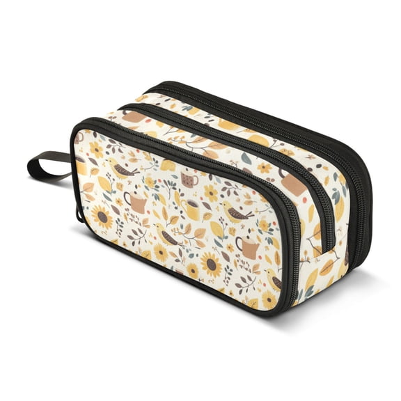 FORMRS Pencil Case with 3 Compartments Zipper Pouch, Elementary School Level and up, Beige Birds Floral