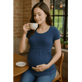 thumbnail image 3 of Yawrut Women's Fashionable Maternity Wear, Ruffled Pleated Elastic and Comfortable Navy blue Short-Sleeved Maternity Top, 3 of 8