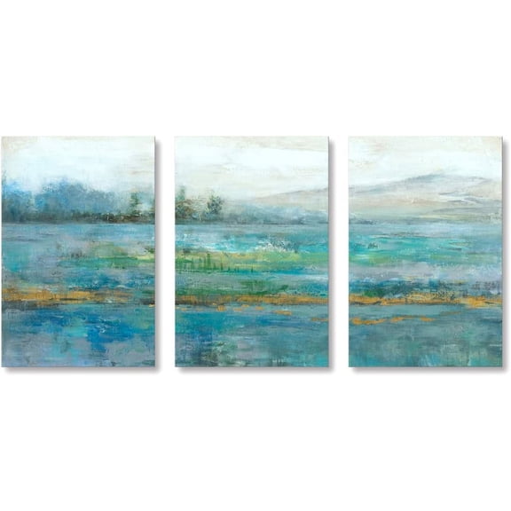 Turquoise Blue Canvas Wall Art 3 pieces Hand Painted Lake Artwork