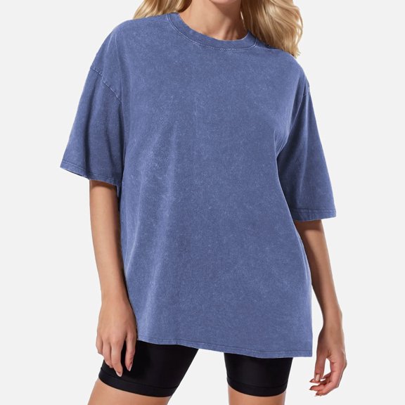 Ticikt Women's Oversized Acid Wash Tee, Retro Loose Short Sleeve Casual T-Shirt,Blue