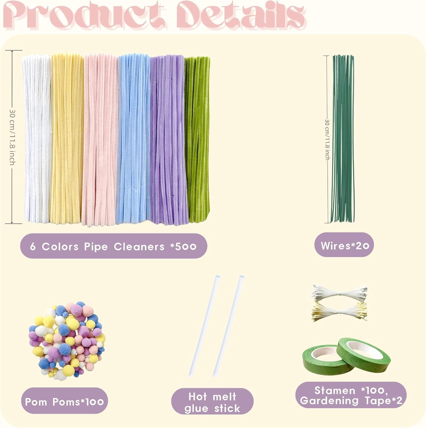 500 Pcs Pipe Cleaner Flower kit with tutoria, Pipe Cleaners Craft(6 Colors), Chenille Stems Flowers Craft kit with 20 pcs Green Floral Wires,Gardening Tape, Stamen(2 Colors), Pearl Beads, Pompoms