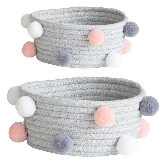 2 Pcs Plush Ball Cotton Rope Woven Storage Baskets Cosmetics Organizers (Grey)