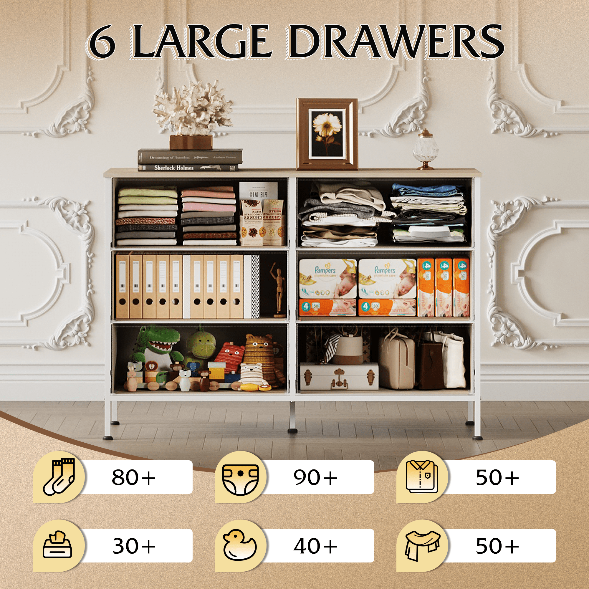 GALAXHERO 6-Drawer Fabric Dresser, 50-Inch TV Stand Wide Chest of Drawers for Bedroom, Closet, Living Room, Light Grey