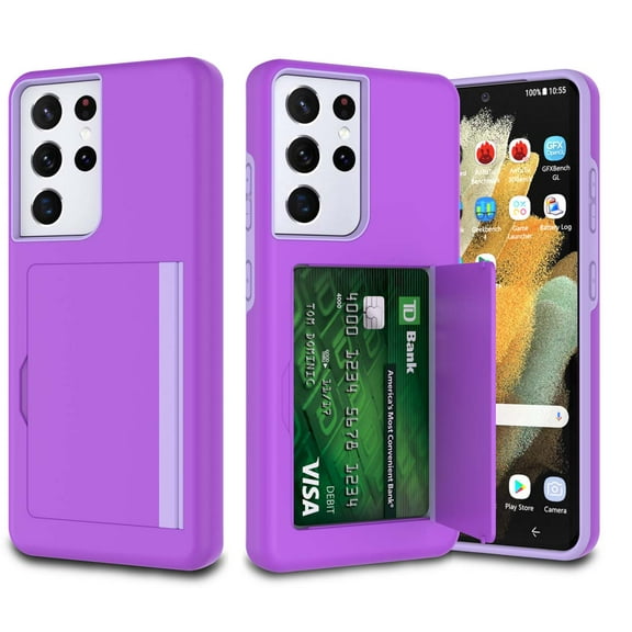 Galaxy S21 Plus 5G Wallet Phone Case, Tekcoo Shockproof Hybrid Rubber Hard PC & TPU Armor Protective Case Cover with 3 Cedit Cards ID Holder Slots for Samsung Galaxy S21 Plus 5G 6.7" -Purple