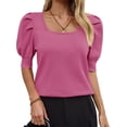 thumbnail image 4 of Solid Square Neck Women's Puff Short Sleeve Sweater Tops Rendy Casual Knit Tops, 4 of 6