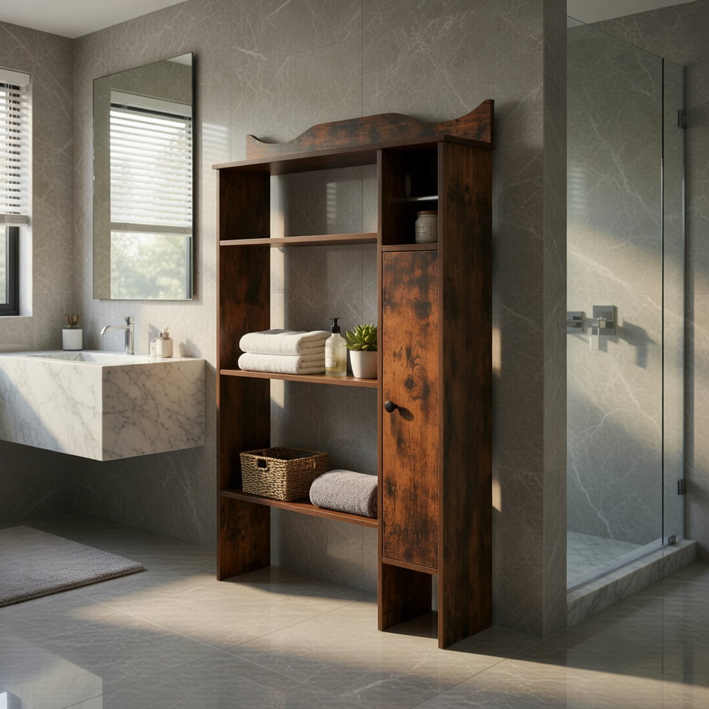 Hommoo Over the Toilet Storage Cabinet with Built-in Toilet Paper Holder, White Engineered Wood Bathroom Organizer for Small Spaces, Rustic Brown