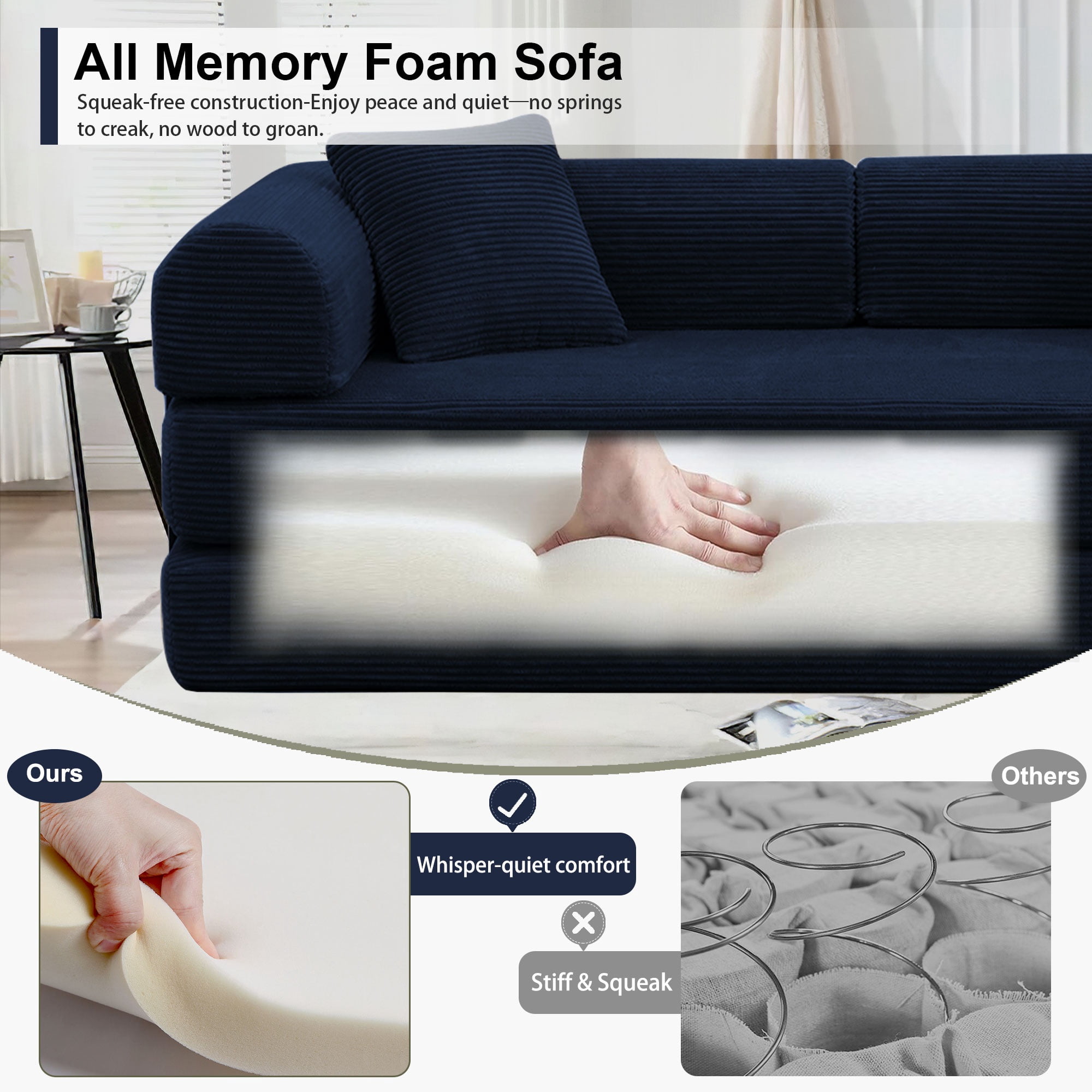 78" Convertible Sleeper Sofa Bed, Holaki Compression Folding Sofa with Pillow & 3 Seat, Corduroy Folding Sofa Couch with Fixed-Shape Frame, Floor Sofas Lounge Couch for Living Room Bedroom, Blue