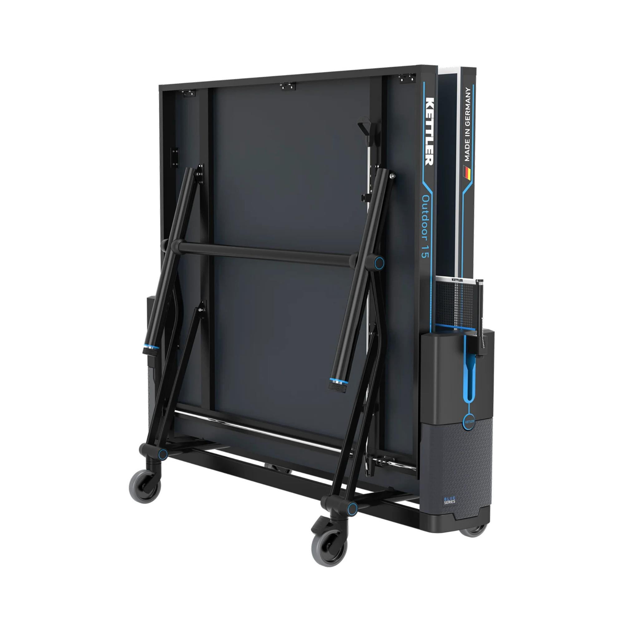 Kettler Outdoor 15 Table Tennis Table with One-Handed Folding Mechanism and Enclosed Racket Storage Compartment