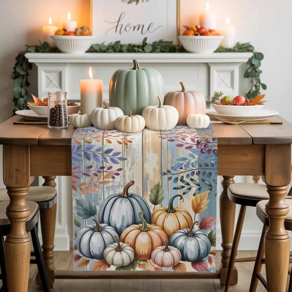 Orange Blue Pumpkin Cotton Linen Table Runner, Washable Table Runners for Kitchen, Dining Room, Holiday, Home Party Table Decor, 13x36 Inches
