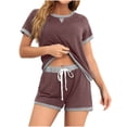 thumbnail image 1 of ShomPort Womens 2PC Outfits Short Sleeve Round Collar T-Shirts High Waist Drawstring Shorts Color Block Stretchy Athletic Set, 1 of 8