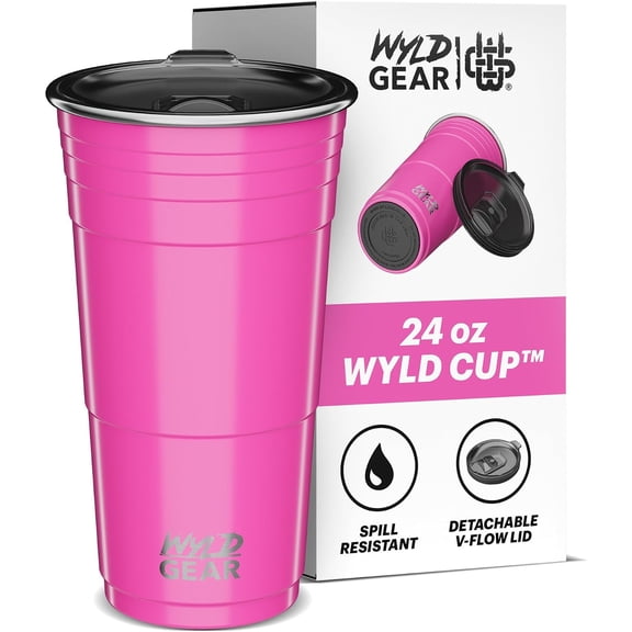 Wyld Cup Stainless Steel Party Cup with Lid, 24 oz Insulated Reusable Tumbler, No Sweat Double Wall Metal Drinkware, Vacuum Outdoor Mug, for Patio, Camping, Pink