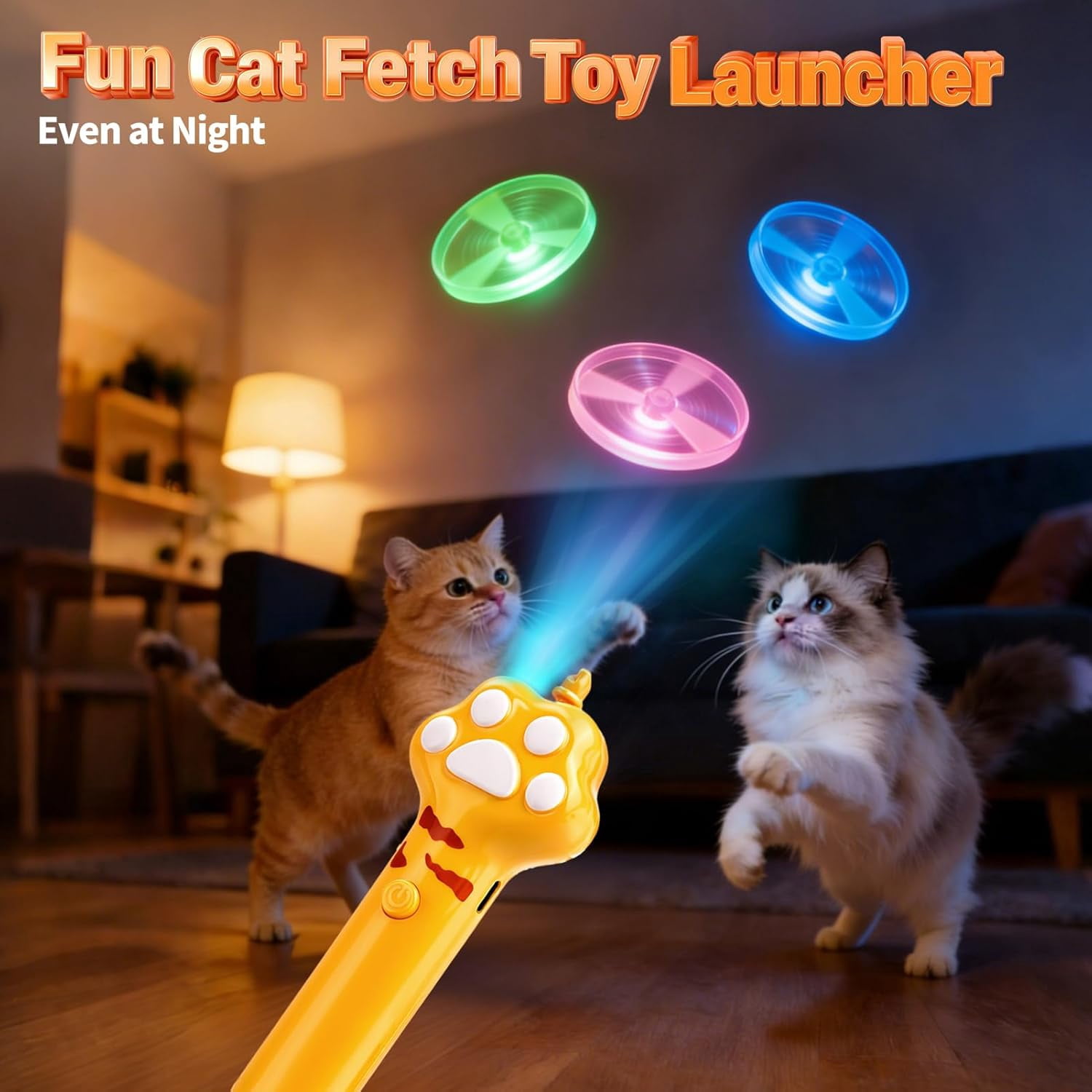 Cat Toy Disc Launcher, Rechargeable Interactive Cat Fetch Toy Launcher with 8 Flying Discs, Flying Enrichment Toys for Indoor Bored Kittens & Adult Cats (Yellow)