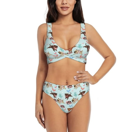 Zeuib Cute Pug Dogs High Waisted Tummy Control Bikini Set - Knot Front Push Up Top & Cheeky Thong Bottom  Two-Piece Swimsuit for Women-XX-Large