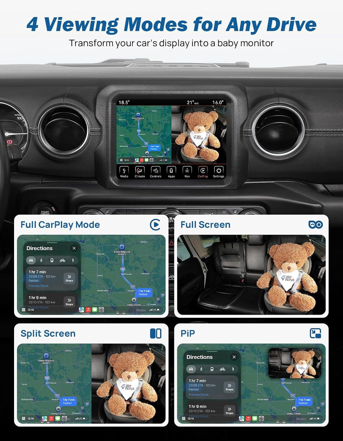 JOYTUTUS Baby Car Camera with Wireless CarPlay Adapter 1080P HD Rear Seat Monitor Display on Car Screen Backseat Camera for Kids 150°Wide