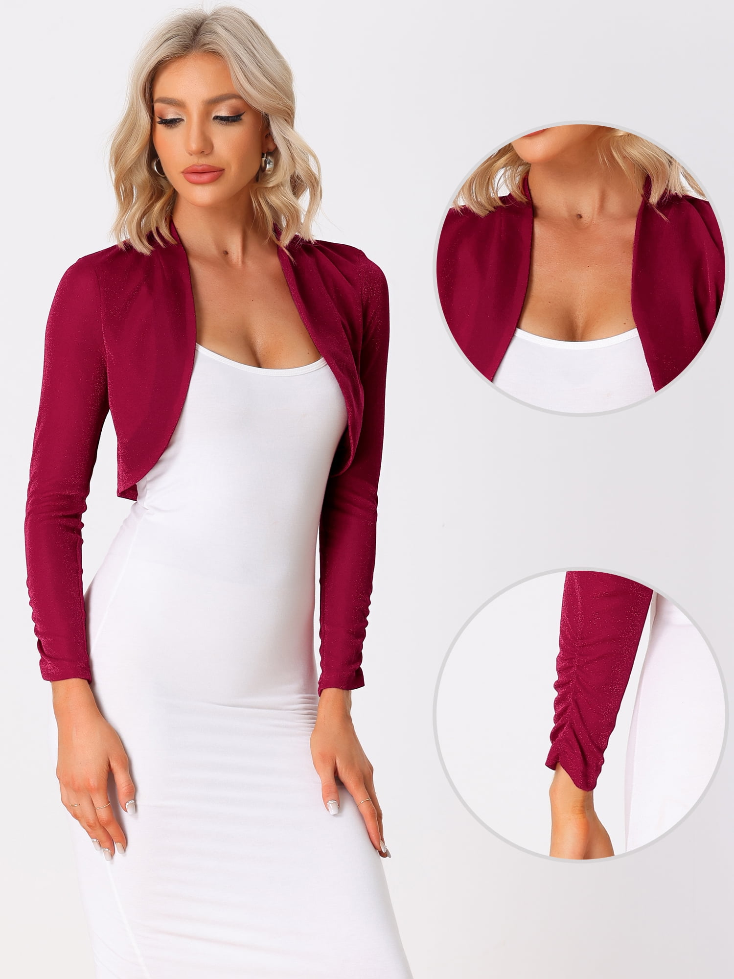 DARING DIVA Open Front Long Sleeves Sheer Bolero Glitter Shrug M Red