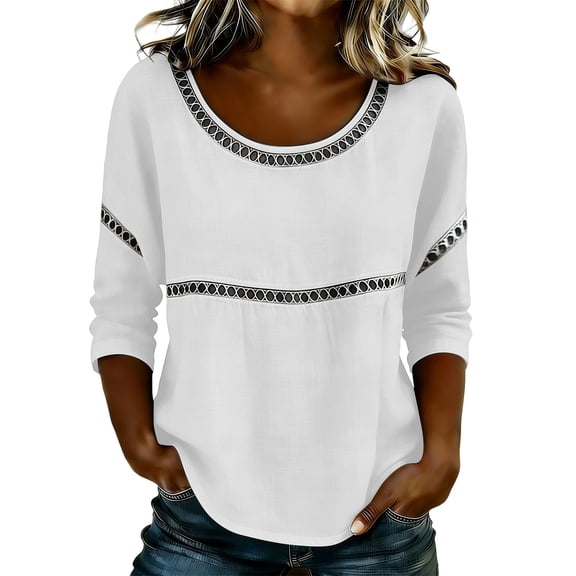 hotojiny Womens Summer Tops Boho 3/4 Sleeve Scoop Neck Casual Loose Blouses Lightweight Lace Trim Fashion Spring Shirts