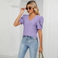 thumbnail image 2 of Defitshape Women's V Neck T Shirt Crop Top Soft Loose Short Sleeve Summer Beach Casual Fall Fashion Split Thin Tshirt Purple Large, 2 of 4