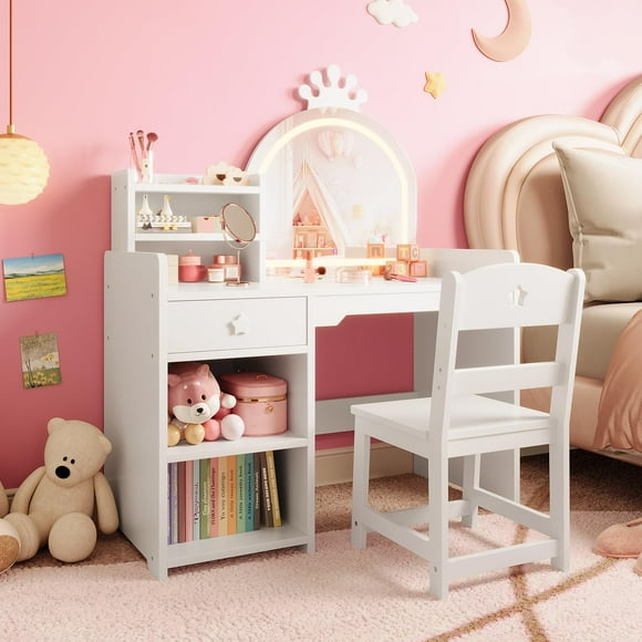 Yiwa Toddler Vanity Set with Lighted Mirror, Bookshelf, Storage Cabinet & Shelves for Girls