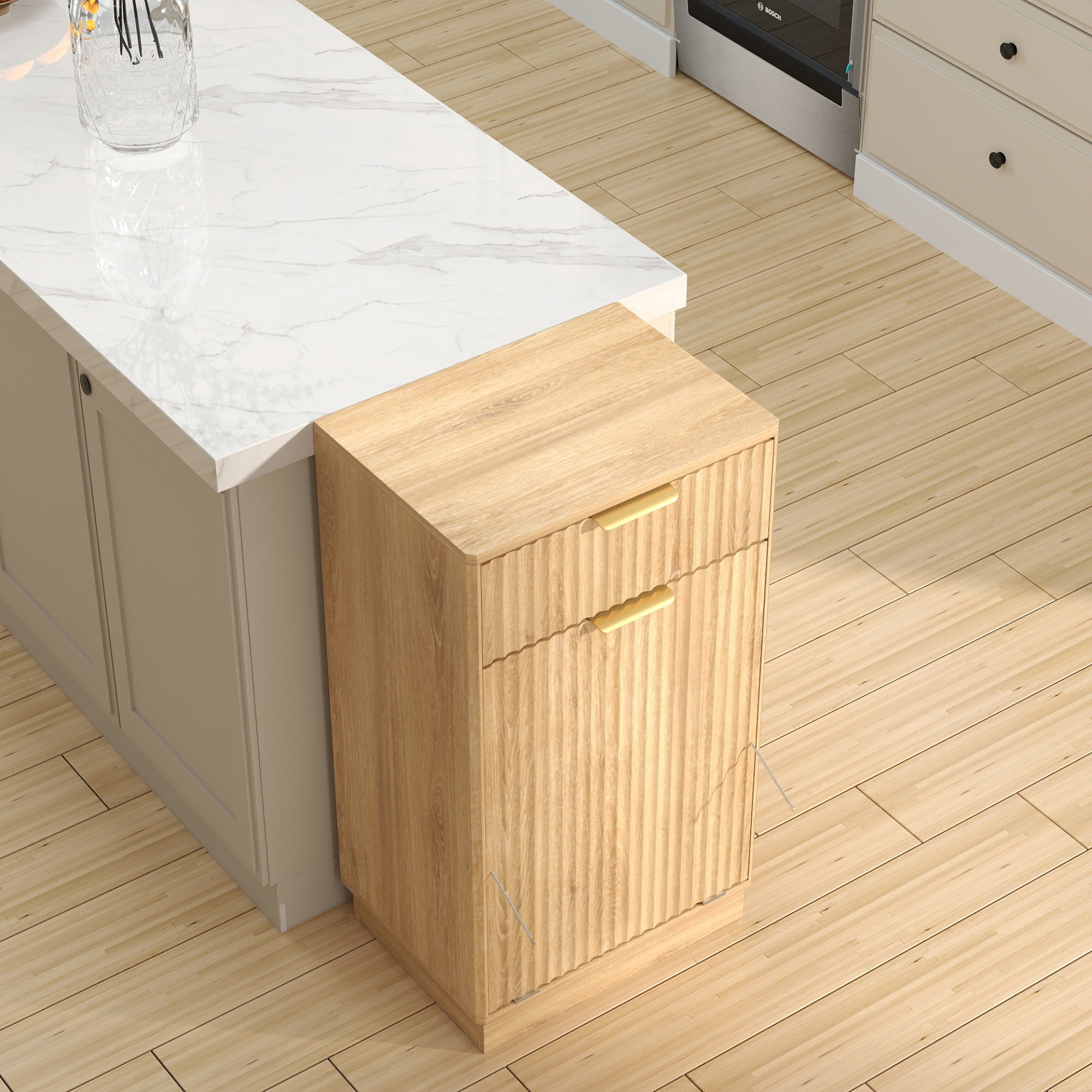 Jopath 10-Gallon Woodgrain Tilt-Out Trash Can Cabinet with Wave-Textured Drawer and Pull-Out Bin for Living room Bathroom Kitchen Oak
