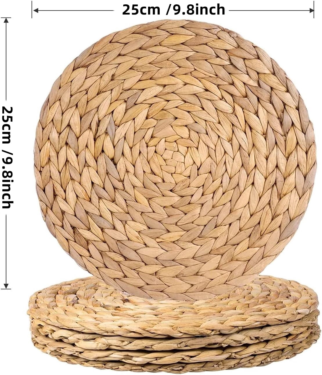 Gixusil 8 Pcs Woven Placemats,9.8 inches Round Plate Chargers Natural Wicker Placemats Water Hyacinth Straw Braided Tablemats Rattan Tablemats Rustic Weave Placemats for Dining Table