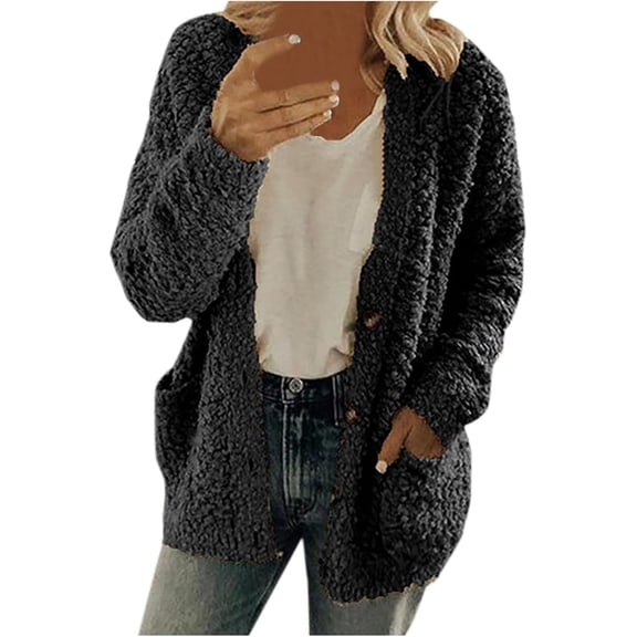 Jacket Women Open Front Fleece Jackets Long Sleeve Button Coats With Pockets Fuzzy Winter Cardigan Casual Outerwear