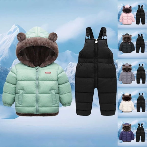 Pandaie Toddler Snow Suits Boys Girls Hooded Down Jacket & Ski Bib Pants Set Baby Snowsuit Coat Infant Winter Jumpsuit Beige,18-24 Months